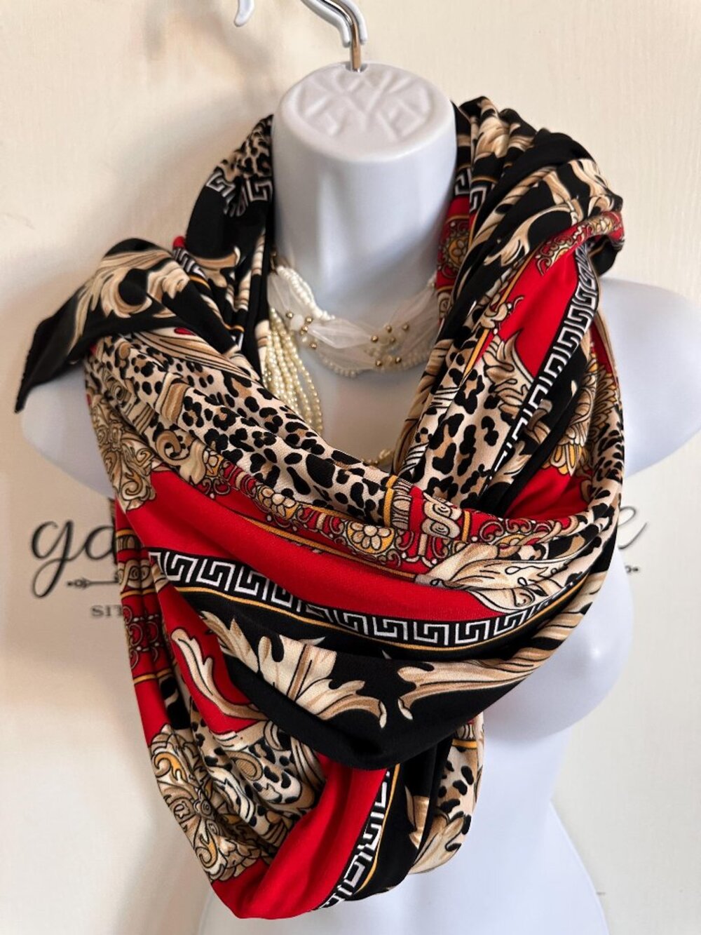 Eva Varro Red Black Gold Greek Key Leopard Print Scarf Designer Style Wrap